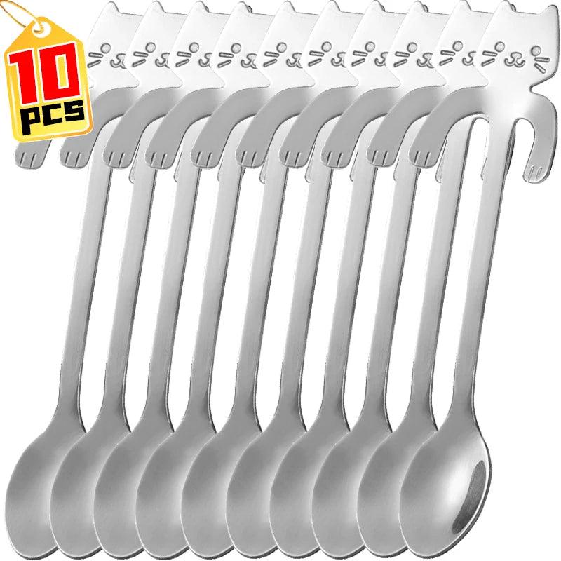 10/1pcs Stainless Steel Cat Coffee Spoons - go do best