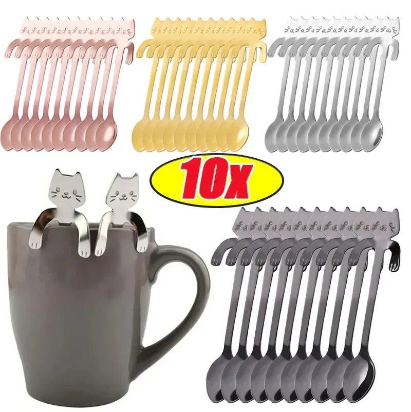 10/1x Stainless Steel Cat Coffee Spoon - go do best