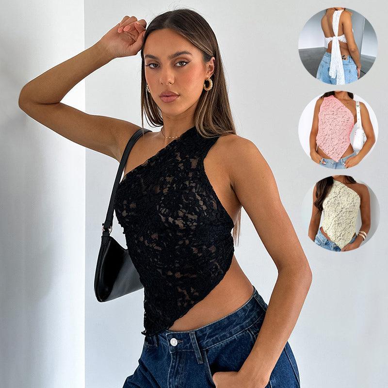 Ins Lace Backless Top Summer Solid Color Waistless Asymmetrical Sloped Neck Vest Streetwear Womens Clothes - go do best