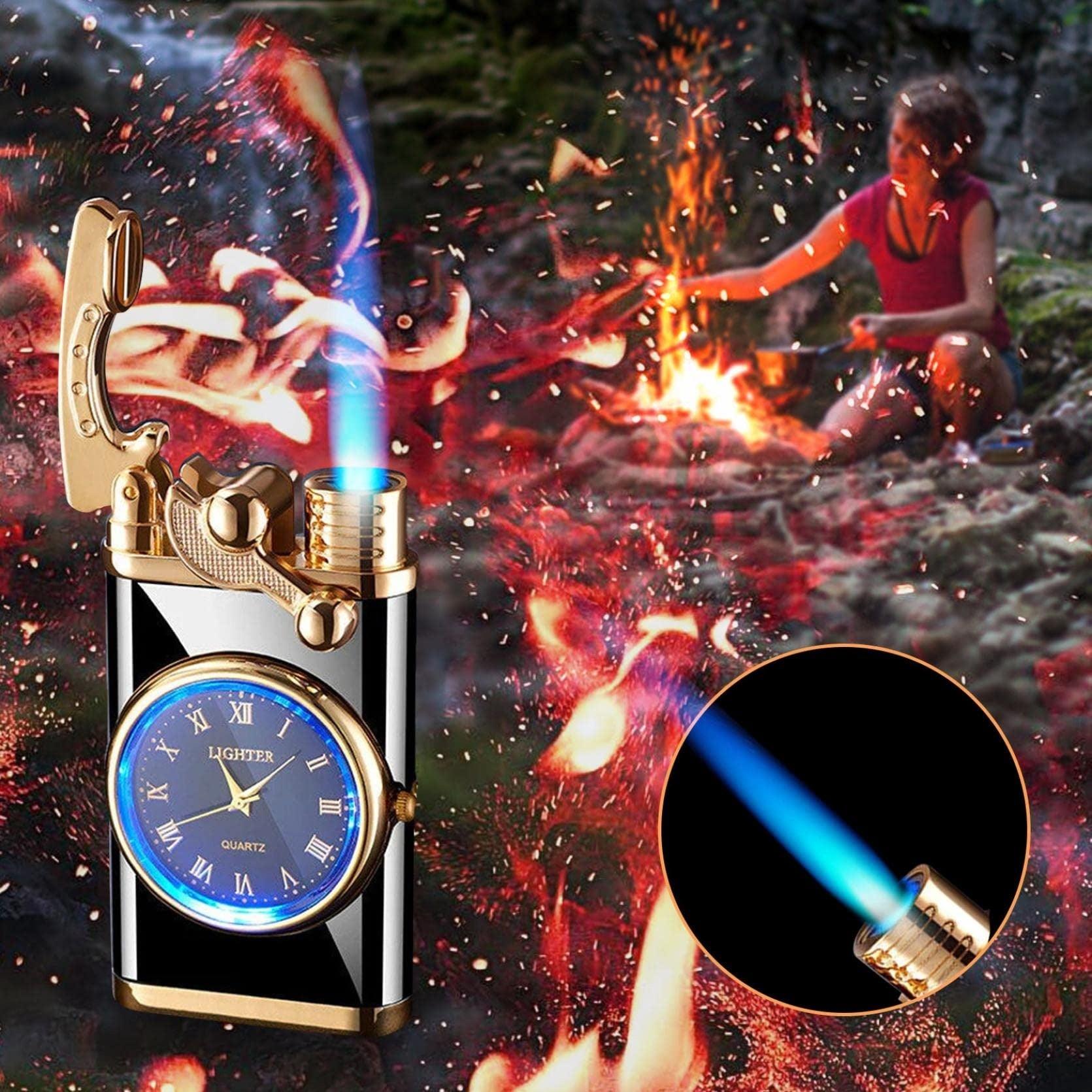 New Lighter With Electric Watch Rocker Arm Automatic Ignition Straight Blue Flame Lighter Creative Real Dial Inflatable Windproof Lighter Men's Watch Gift - go do best