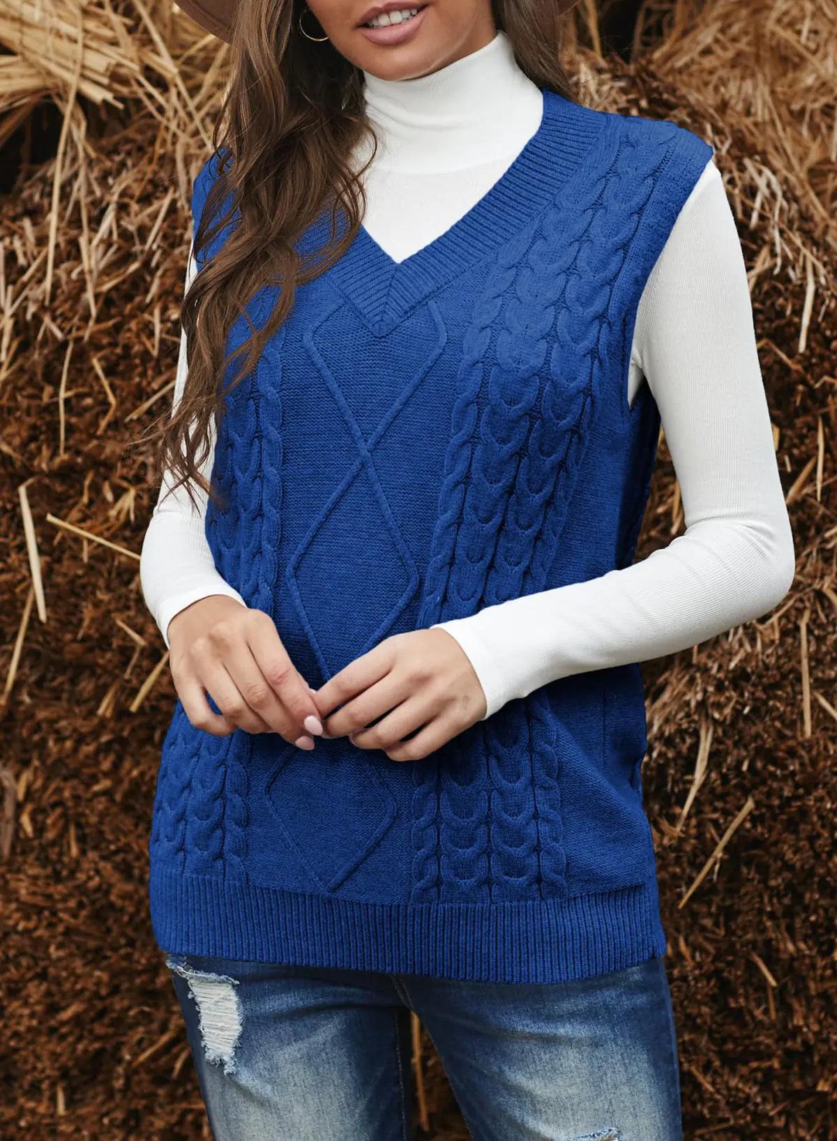 EVALESS Oversized Sweater Vest for Women V Neck Sleeveless Solid Color Loose Pullover Sweater Small C1 Blue - go do best