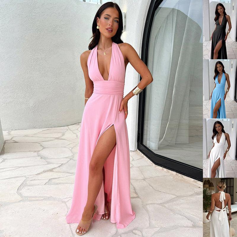 Sexy Halterneck V-neck Slit Dress Summer Backless Strappy Skirt Fashion Temperament Clothing Women - go do best