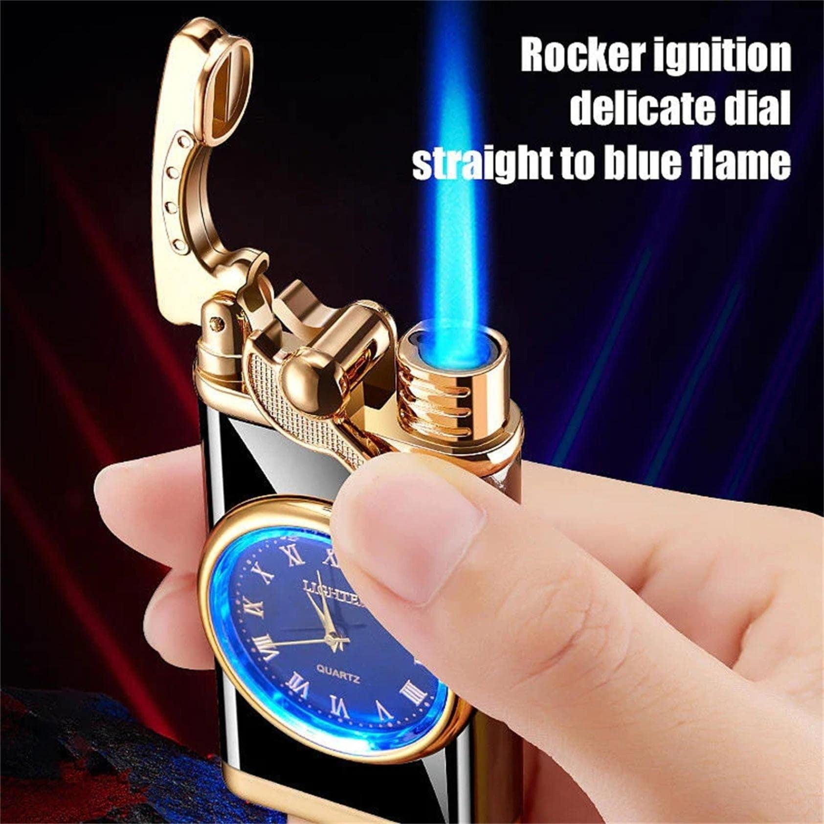 New Lighter With Electric Watch Rocker Arm Automatic Ignition Straight Blue Flame Lighter Creative Real Dial Inflatable Windproof Lighter Men's Watch Gift - go do best