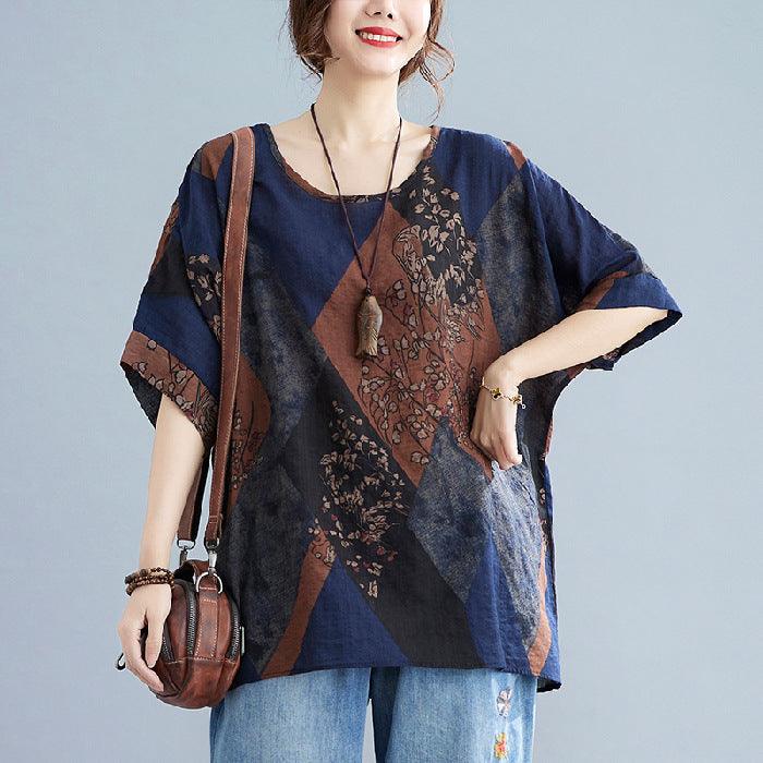 Women's Stylish Loose Round Neck Printed Short-sleeved T-shirt Top - go do best