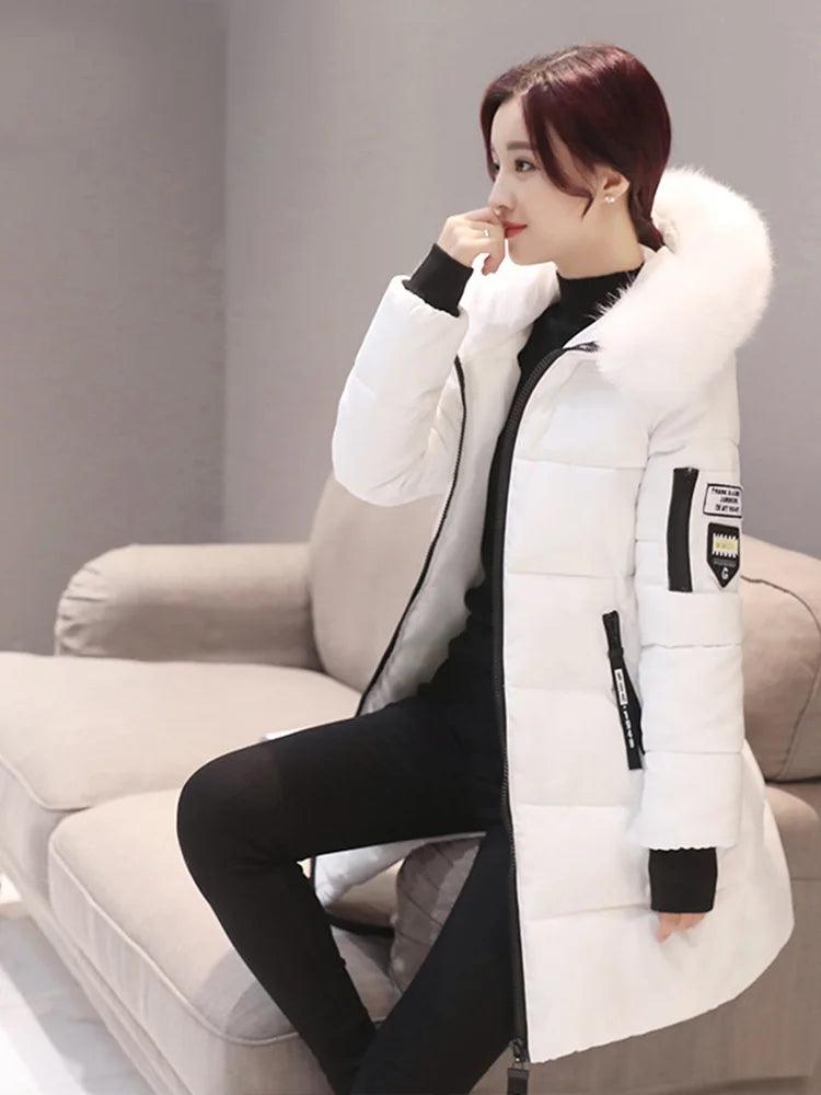 Women Winter Fur Collar Fashion Letter Patch Zipper Pockets Design Long Jacket Elegant Slim Warm Thick Female Coats - go do best