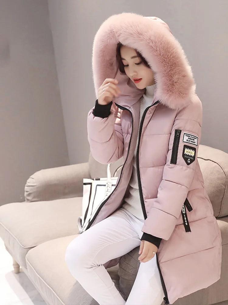 Women Winter Fur Collar Fashion Letter Patch Zipper Pockets Design Long Jacket Elegant Slim Warm Thick Female Coats - go do best