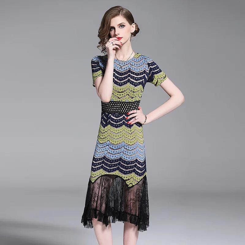 summer new lace stitching short-sleeved fishtail Dress temperament slim bag hip sheath dress Striped Patchwork Dresses - go do best