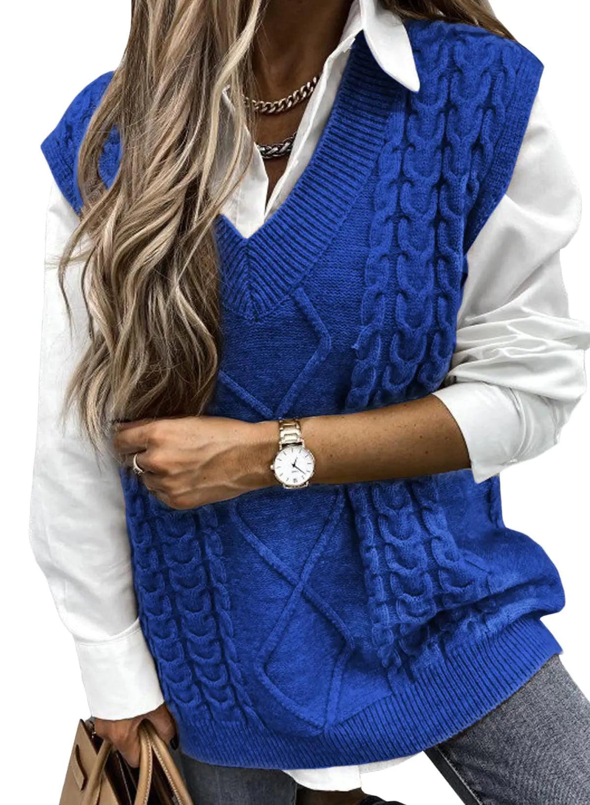 EVALESS Oversized Sweater Vest for Women V Neck Sleeveless Solid Color Loose Pullover Sweater Small C1 Blue - go do best