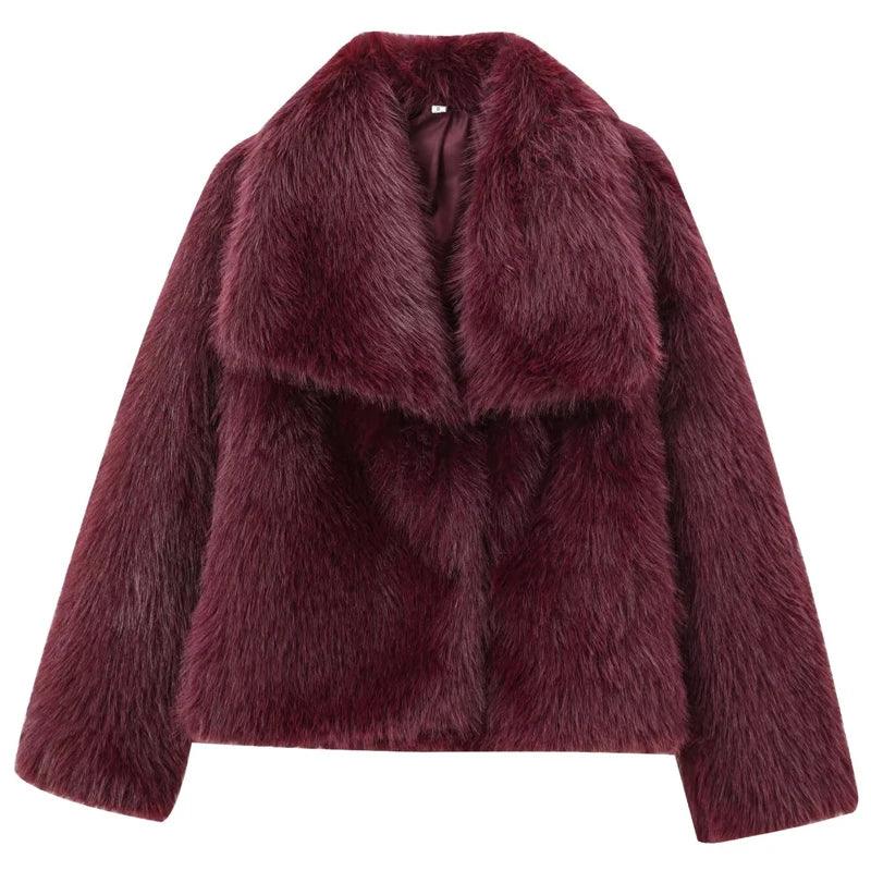 Women's Fur Coat Women 2024 Plush Burgundy Bomber Jacket Solid Crop Long Sleeve Jacket Warm Winter Coats Woman Casual Coats - go do best