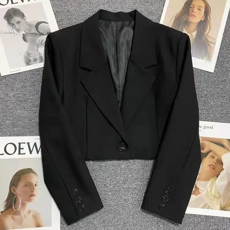 Blazers Woman Trend 2024 New All-match Notched Collar Crop Jacket Women Korean Chic Single Button Suit Coat - go do best