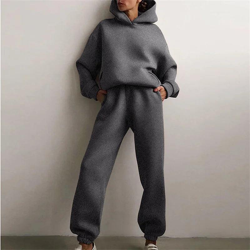 Women's Tracksuit Suit Autumn Fashion Warm Hoodie Sweatshirts Two Pieces Oversized Solid Casual Hoody Pullovers Long Pant Sets - go do best