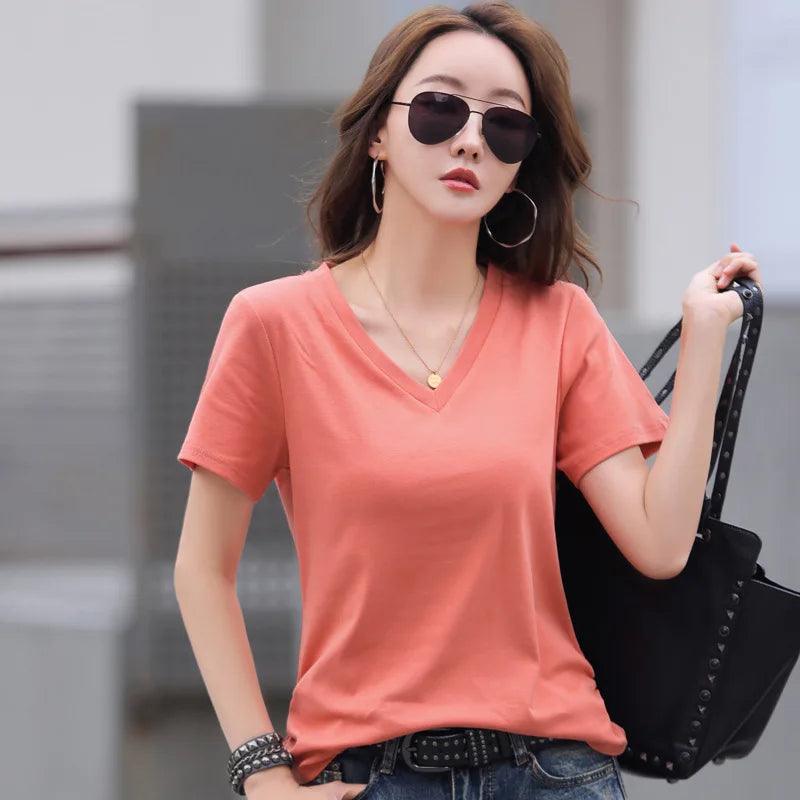 Casual V Neck Cotton T Shirt for Women Tshirt Summer Top Korean Fashion Womens Clothing Short Sleeve Tees Female Camisetas Mujer