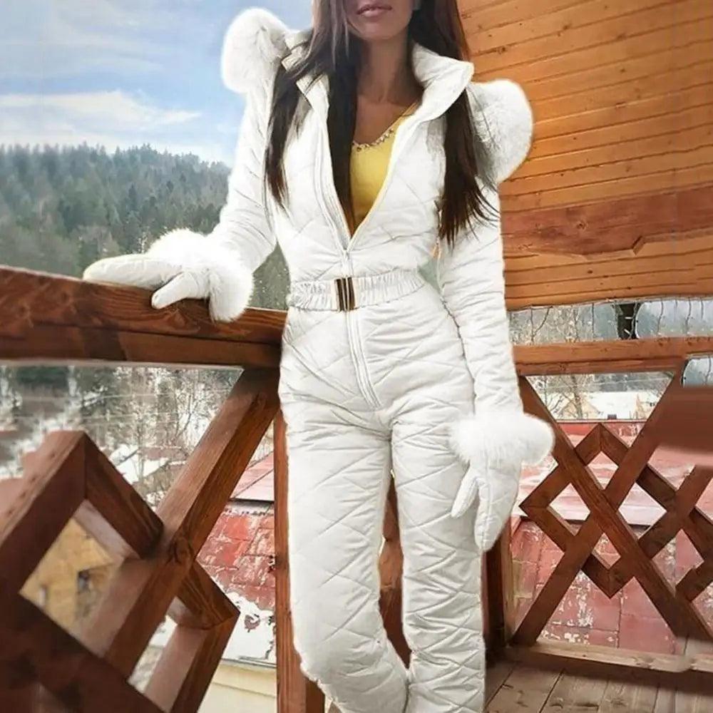 Warm Skiing Women Jumpsuit Outdoor Winter Faux Fur Collar Fleece Jumpsuit - go do best