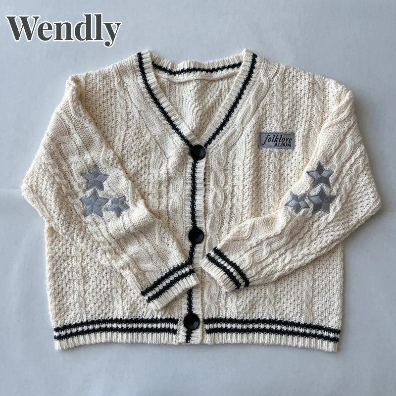 Beige Folklore Cardigan Women Letter Patch with Star Embroidered Knitted Sweater Female Winter Autumn Casual Oversized Cardigans - go do best