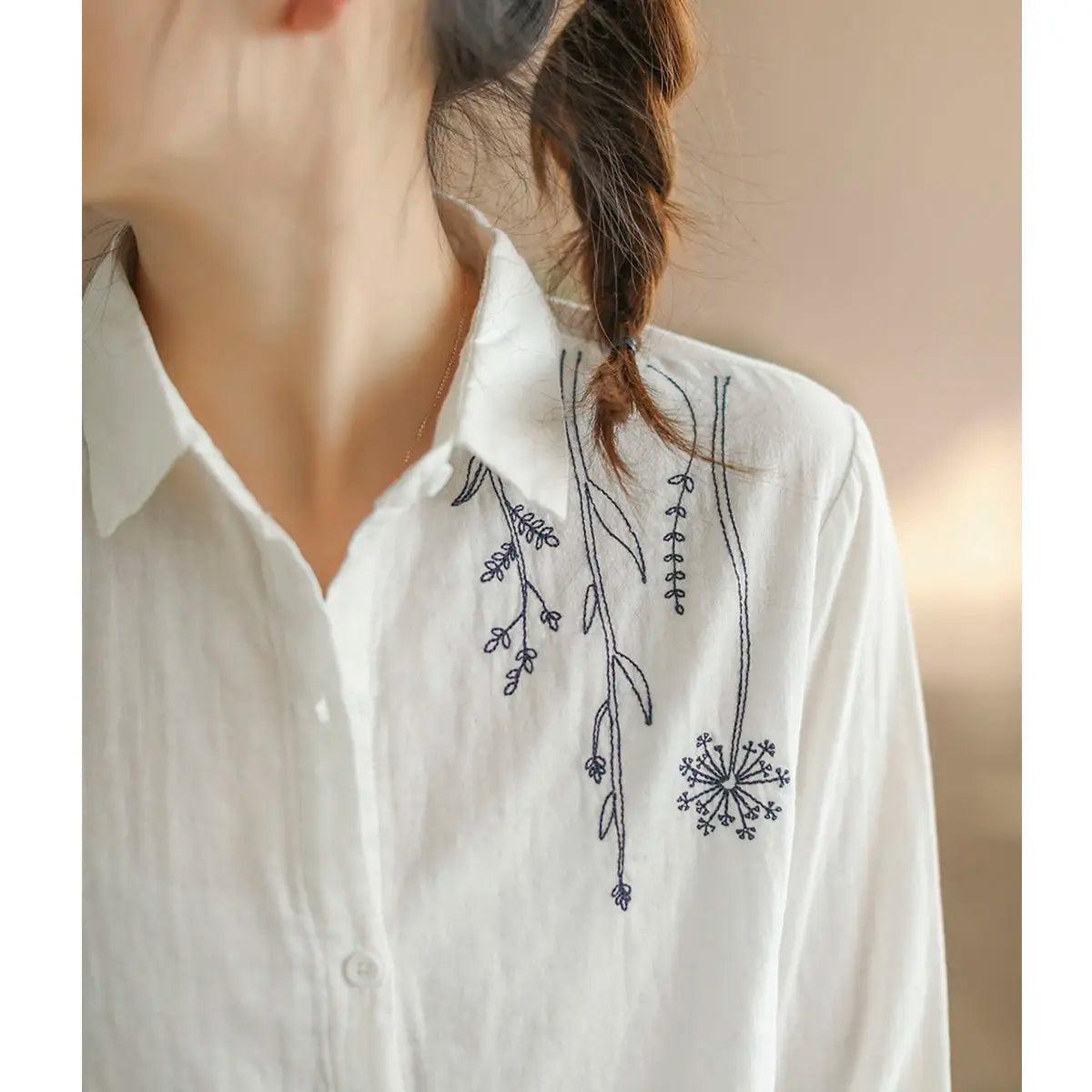 Cotton Women's Shirt Embroidery Elegant Blouse Long Sleeve Top Vintage Clothing Button Up White Shirts Ladies Office Outfit 2023