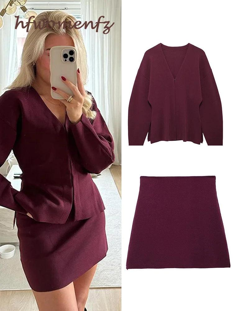 Casual Mini Skirt Sets For Women 2 Pieces Wine Red V Neck Long Sleeve A-line Skirts Suit Female 2024 Autumn Lady Outfits - go do best