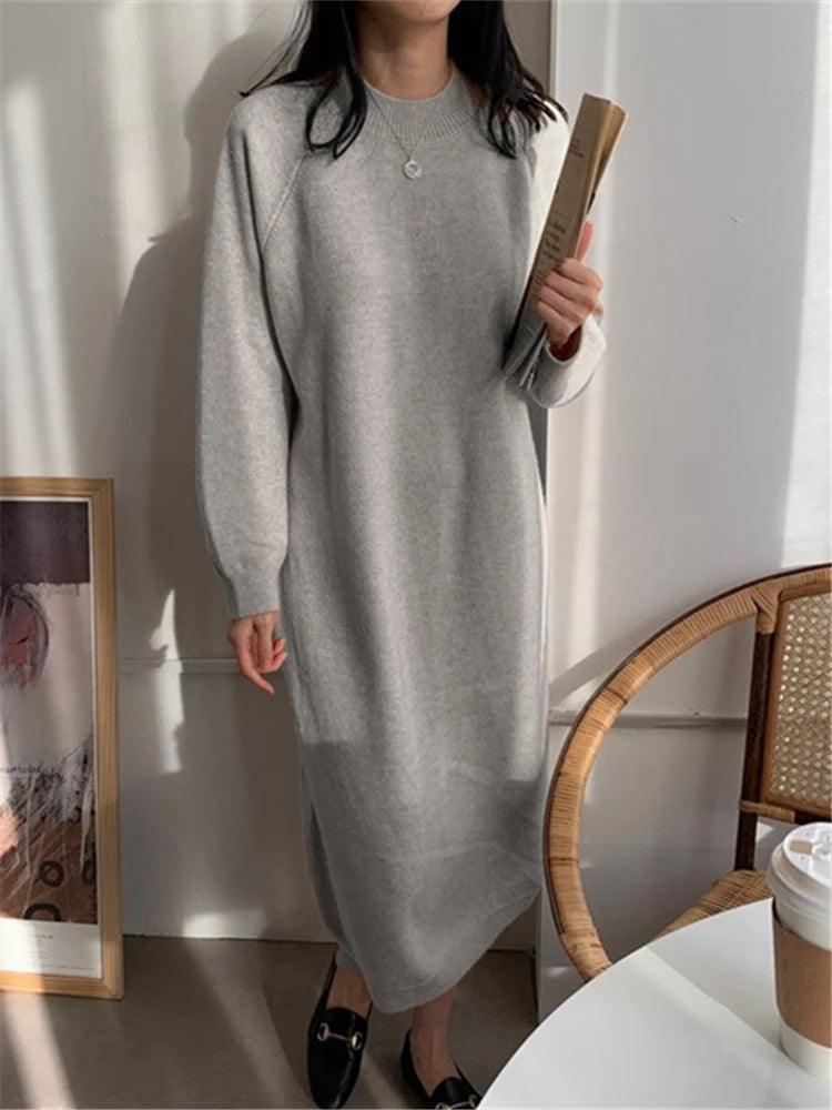 REALEFT Autumn New O-Neck Casual Loose Knitted Dress Female Straight Long Sleeve Oversize Sweater Womens Long Dress - go do best