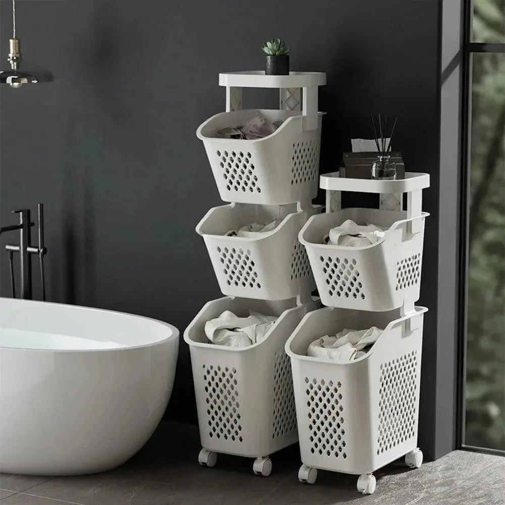 Multilayer Laundry Basket With Wheels Dirty Clothes Basket Laundry Trolley Bathroom Clothes Storage Baskets Bathroom Organizer - go do best