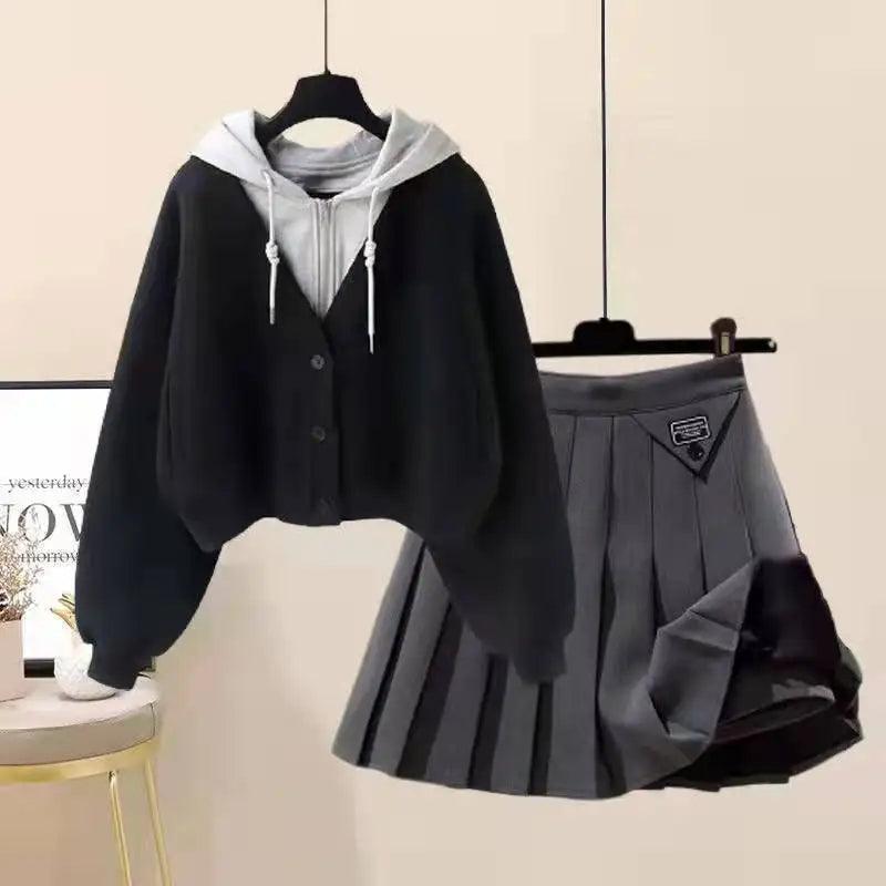 Plush Thickened Casual Long Sleeved Hooded Mini Pleated Skirt Two-piece Set Fashionable Women's Skirt Set - go do best