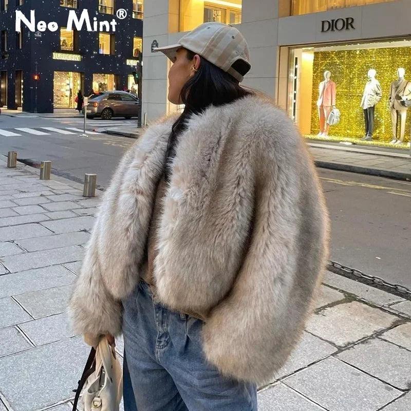 Fashion Week Luxury Brand Gradient Cropped Faux Fur Coat Women Winter 2024 Hot Cool Girls Fluffy Short Fur Jacket - go do best