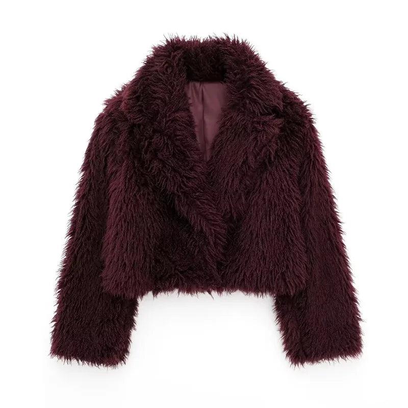 Women's Fashion Burgundy Asymmetric Thick Collar Fur Coat Vintage Casual Chic Temperament Lady Short Jacket - go do best