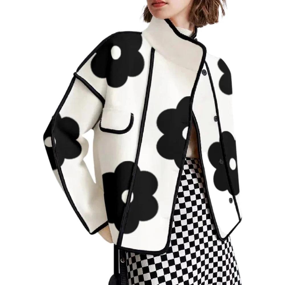 Long Sleeves Loose Contrast Color Flower Print Split-Joint Stand Collar Jackets Outerwear Woolen Coat - go do best