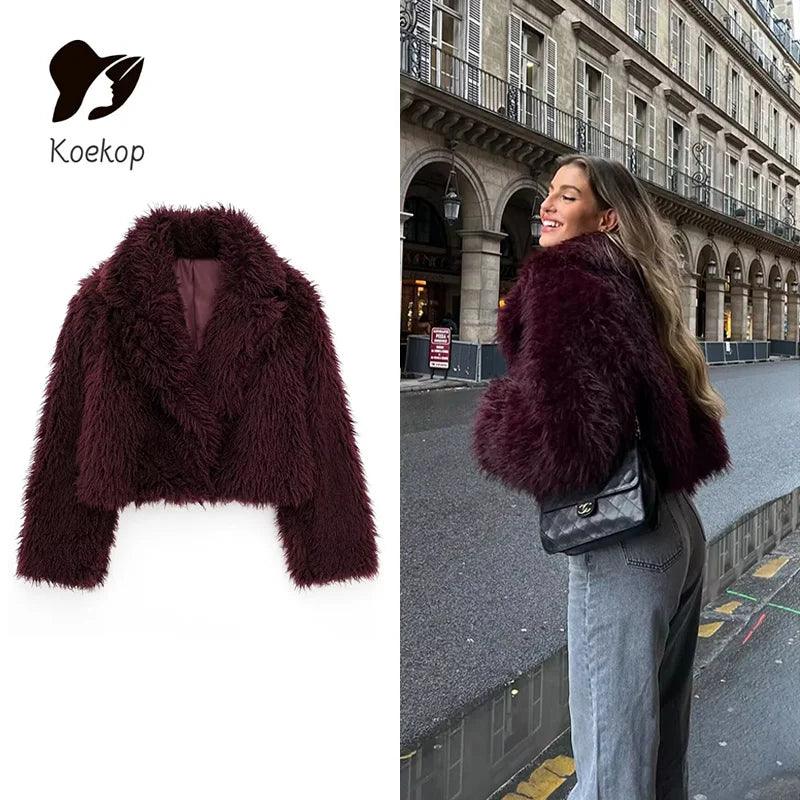 Women's Fashion Burgundy Asymmetric Thick Collar Fur Coat Vintage Casual Chic Temperament Lady Short Jacket - go do best