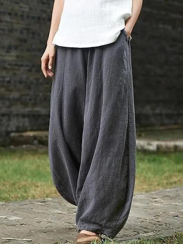 2022 Cotton Linen Bloomers Wide Leg Pants Women Vintage Full Length Fashion Elegent Pants Solid Elasitic Waist Spring Autumn 5XL