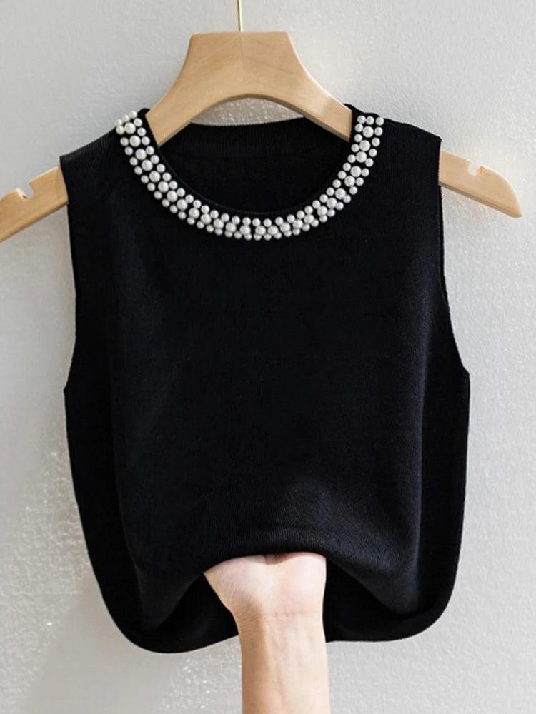 r New Fashion Female Sleeveless Beading Casual Thin Tops - go do best