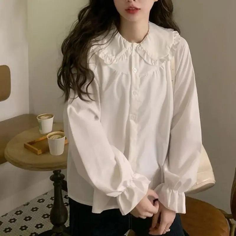 Gidyq Vintage Women White Shirt Preppy Style Fashion Elegant Female Long Sleeve Blouse Y2K Sweet Kawaii All Match Shirts - go do best