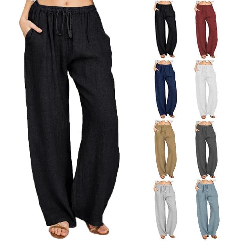 Epligg Summer Autumn Cotton Linen Wide Leg Pants for Women Pants Full Length Casual Pants Female Solid Loose Straight Trousers