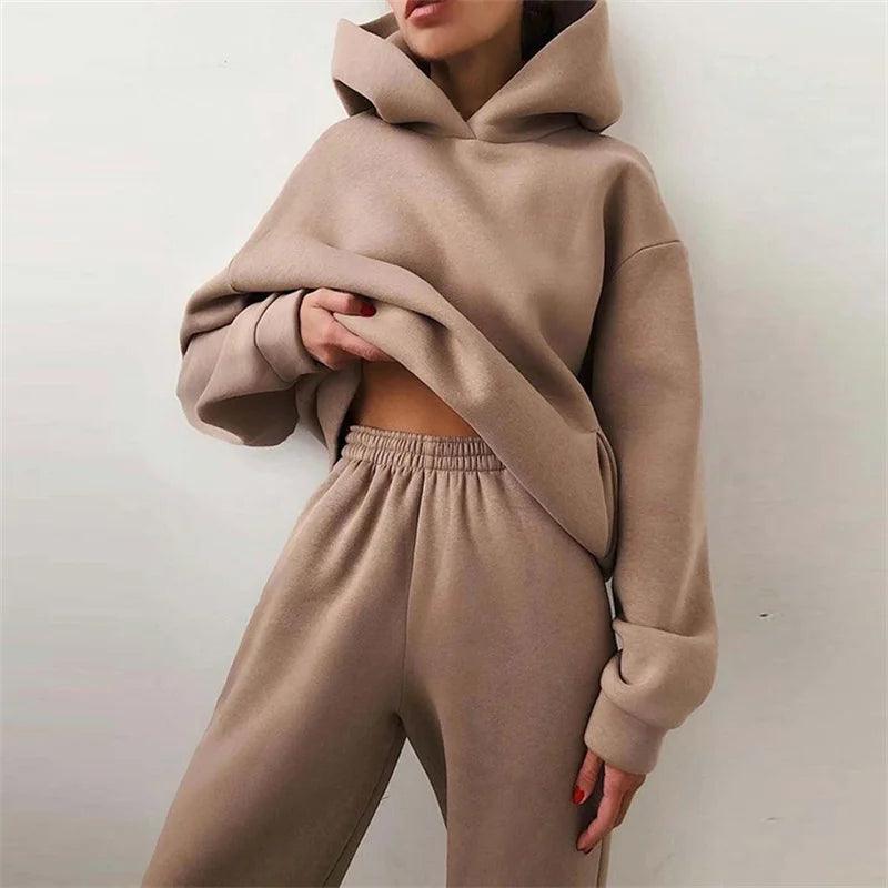 Women's Tracksuit Suit Autumn Fashion Warm Hoodie Sweatshirts Two Pieces Oversized Solid Casual Hoody Pullovers Long Pant Sets - go do best