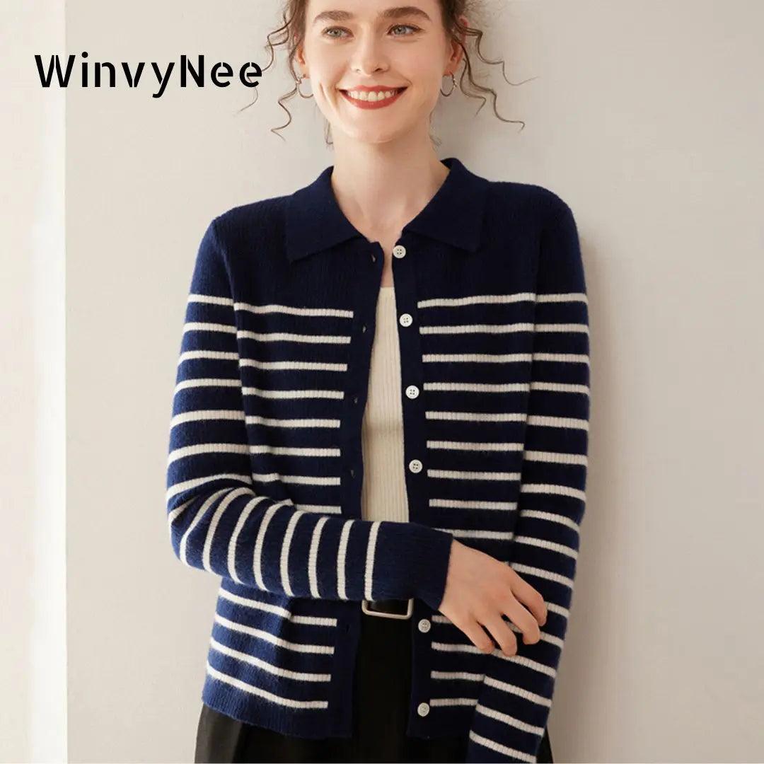 WinvyNee Women's Clothing Cashmere Wool O Neck Striped Long Sleeve Cardigans Stretch Sweaters Outerwears Coats Winter B1054036