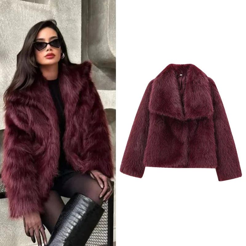 Women's Fur Coat Women 2024 Plush Burgundy Bomber Jacket Solid Crop Long Sleeve Jacket Warm Winter Coats Woman Casual Coats - go do best