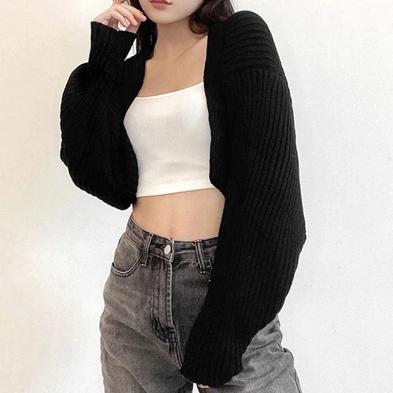 Open Front Sweater Long Sleeve Cropped Loose Cardigan for Women Dressy - go do best