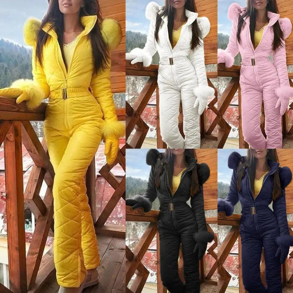 Warm Skiing Women Jumpsuit Outdoor Winter Faux Fur Collar Fleece Jumpsuit - go do best