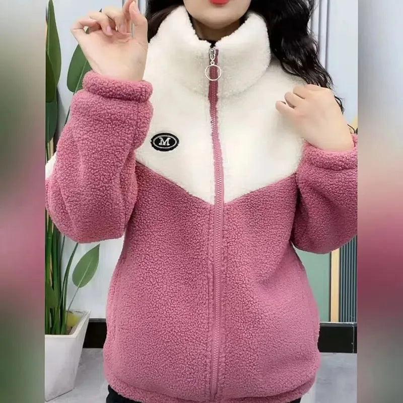 Women Jacket Colored Thickened Lamb Fleece Long Sleeve Mid Length Overcoat Warm Topcoat Quilted Top Autumn Winter Overgarmen - go do best