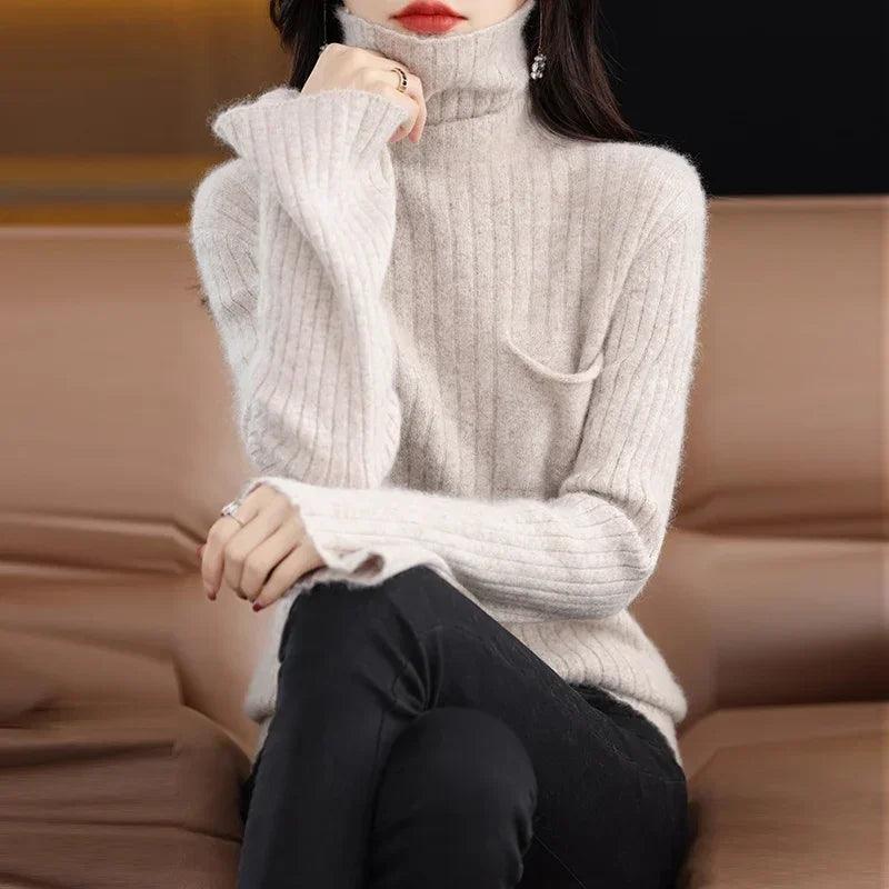 WinvyNee Women Clothing Mink Cashmere Sweater Turtleneck Solid Slim Tops with Pocket Outerwears Knit Oversized Pullover A1248015