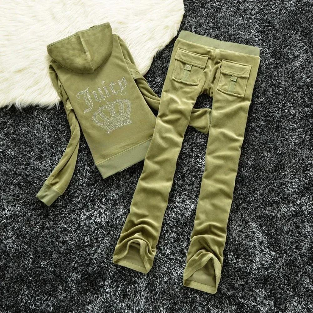 Women Velour Sweatshirt 2 Piece Sets Women Outfit Hoodies Pant Sets Y2k Juicy Tracksuit Sewing Set - go do best