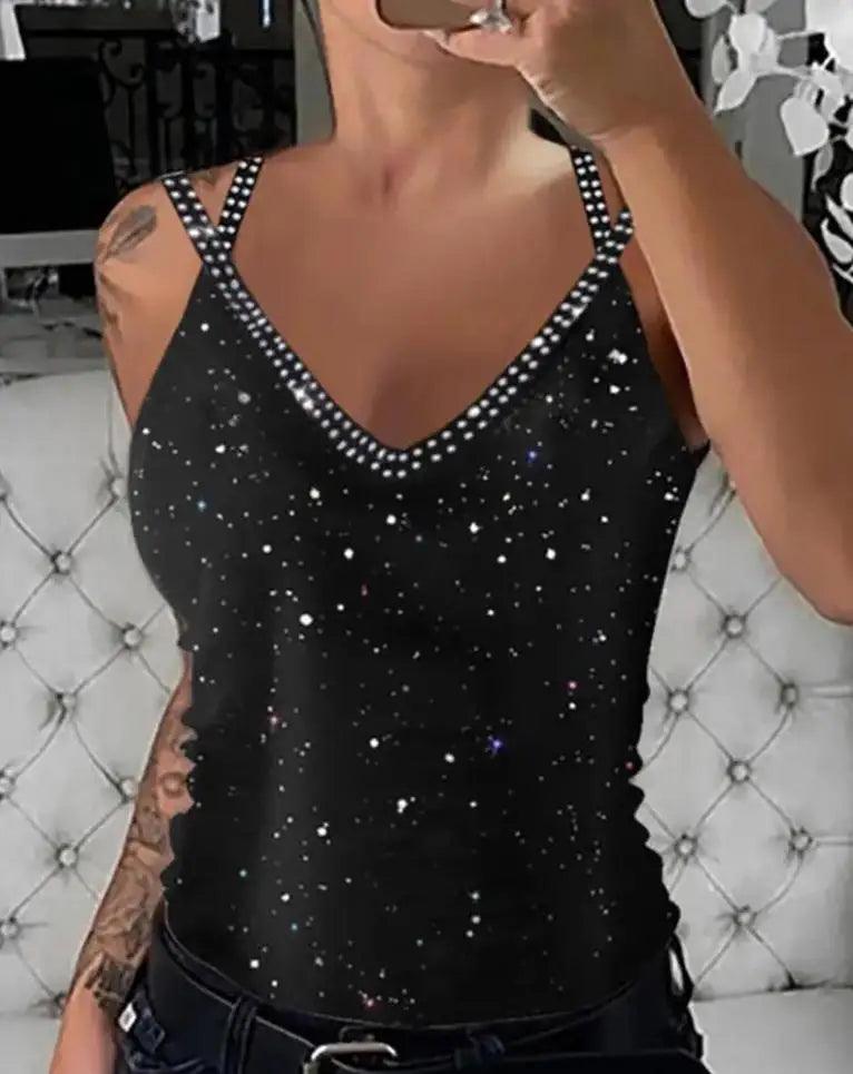 Glitter Rhinestone V-Neck Cami Tops - go do best