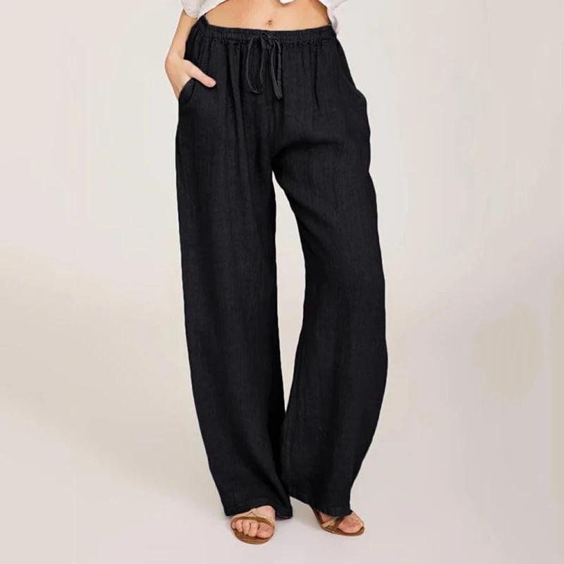 Epligg Summer Autumn Cotton Linen Wide Leg Pants for Women Pants Full Length Casual Pants Female Solid Loose Straight Trousers