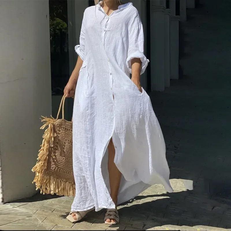 2024 Spring Cotton Linen Oversize Women Dress Long White Button Loose Dresses Female New Casual Trendy Elegant Ladies Clothes