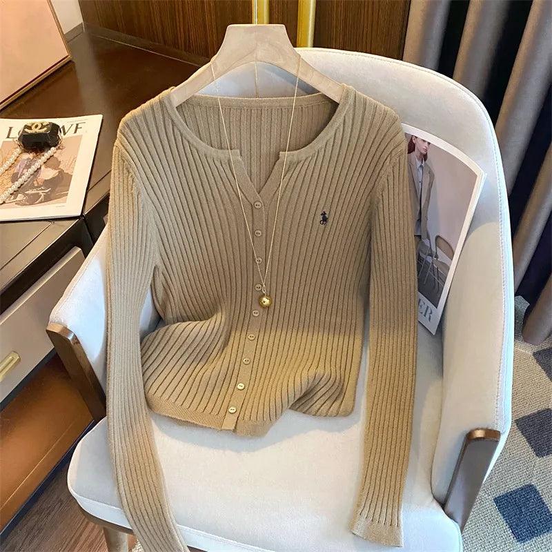 Fashion Knitted Tops Women Rib Knitted Slim Elastic Single-breasted Pullover Sweaters Autumn Winter Outfits Shirts - go do best