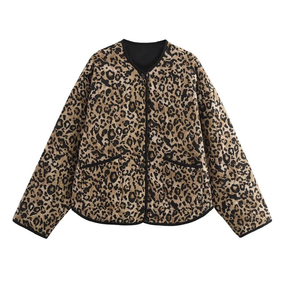 new women's fashion animal print round neck long sleeve single-breasted cotton jacket coat - go do best