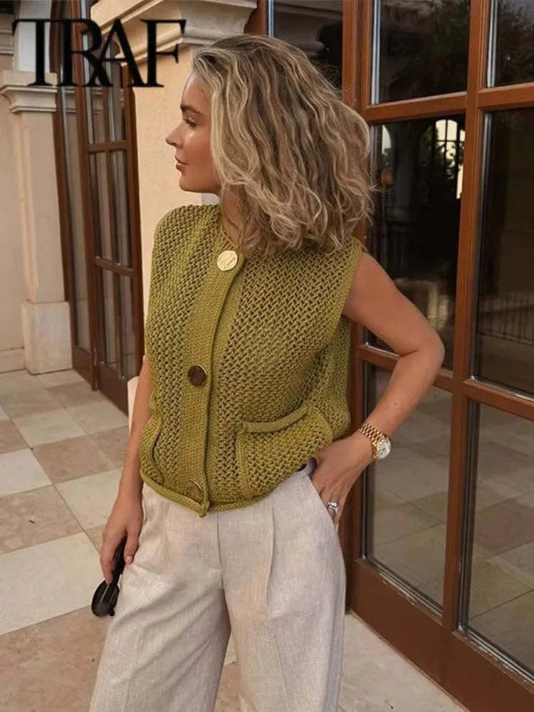 Women Fashion Sleeveless Coarse Needle Knitting Vest Sweater - go do best