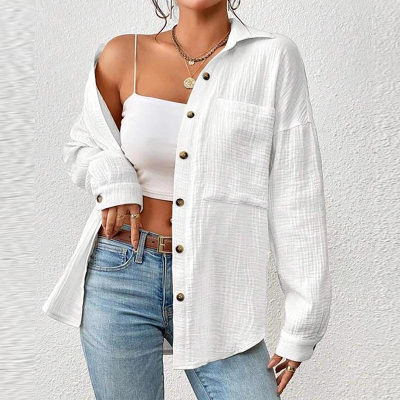 100% Cotton Gauze Muslin Women Shirts Casual Turn Down Collar Long Sleeve Top Office Lady Elegant Blouses for Women Blusas