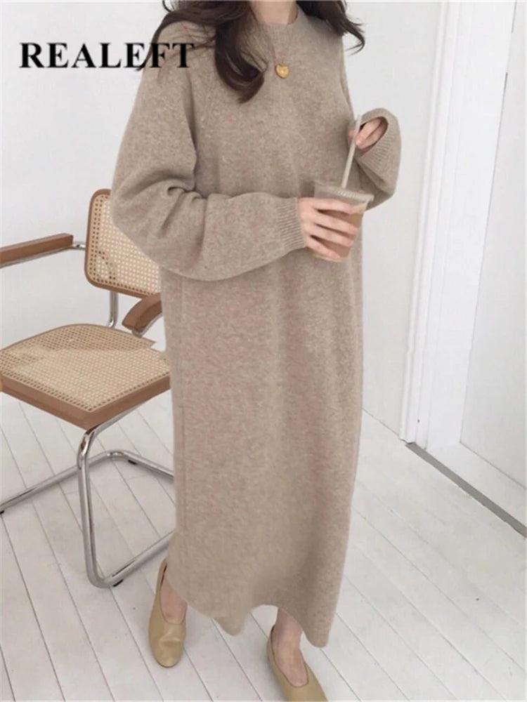 REALEFT Autumn New O-Neck Casual Loose Knitted Dress Female Straight Long Sleeve Oversize Sweater Womens Long Dress - go do best