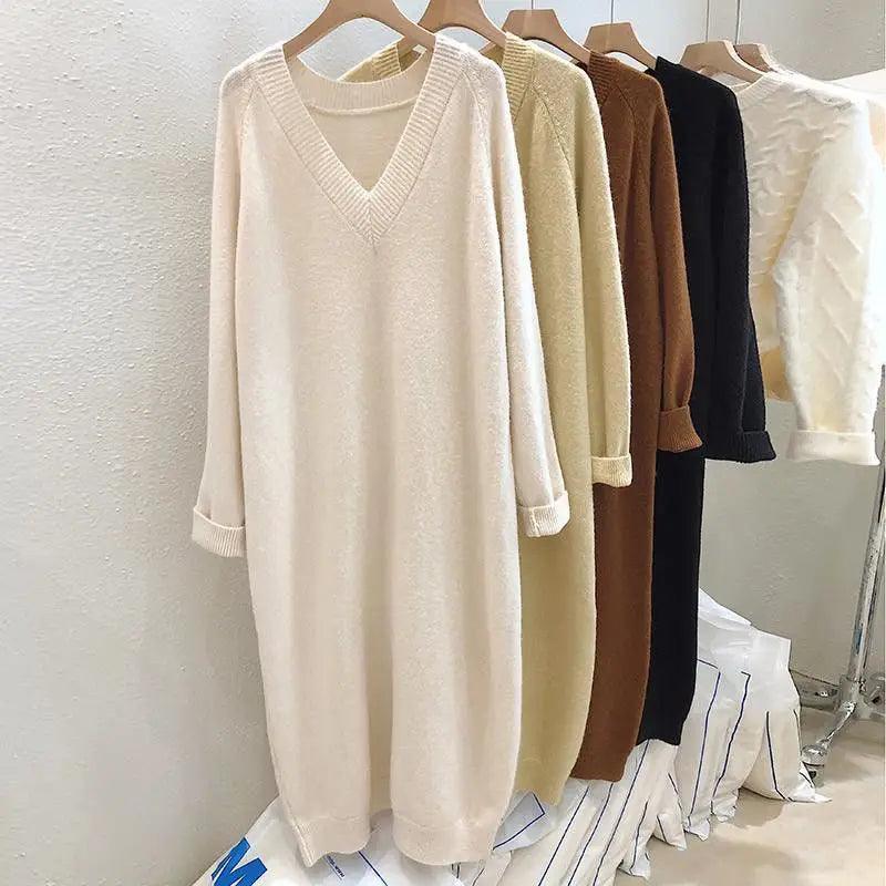 Size 10XL 150kg High Quality Sweater Dress for Women Solid Color V Neck Pullover Thick Autumn and Winter Long Dress