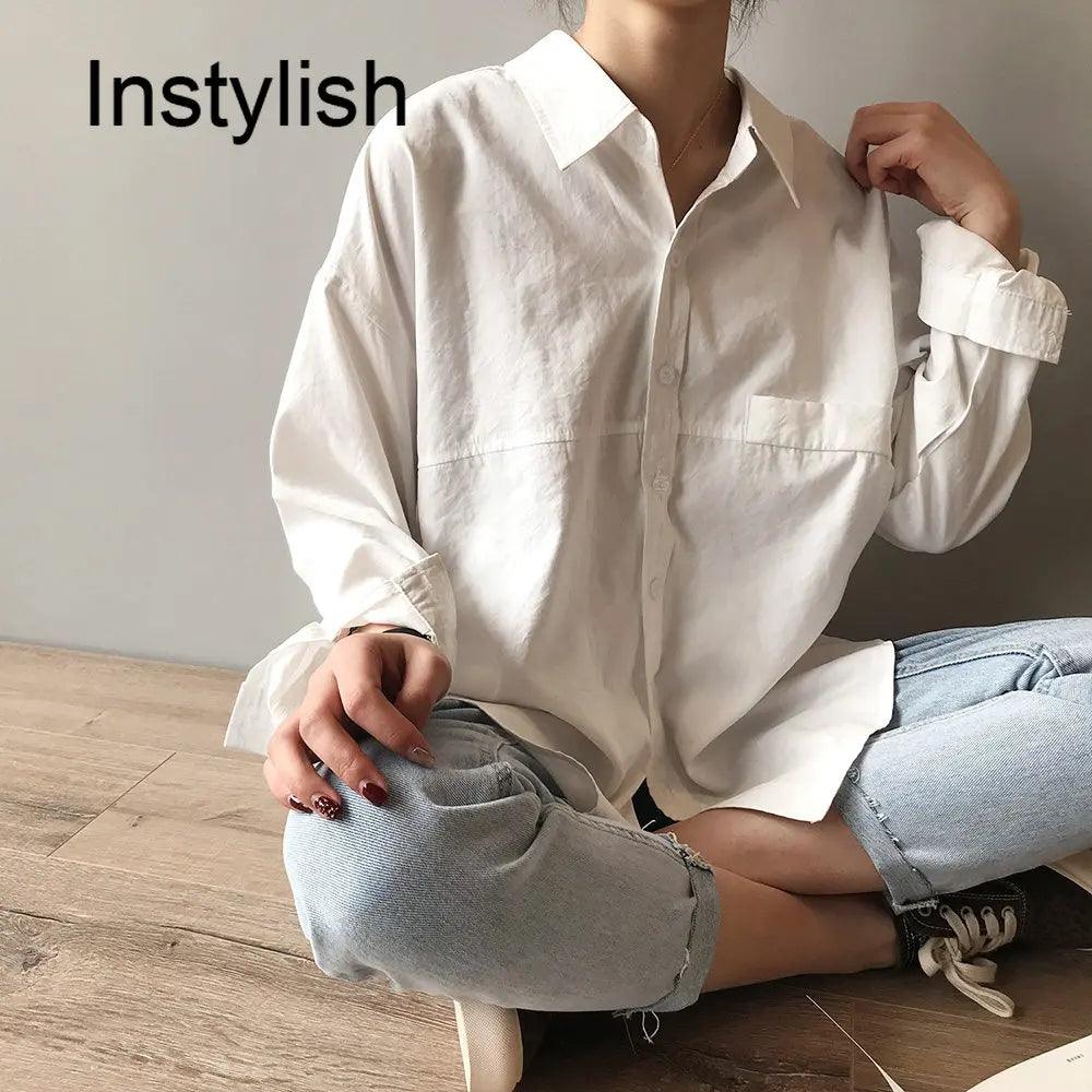 Korean Harajuku Loose Blouse Casual Long Sleeve Minimalist Loose White Shirts for Women Elegant Cotton Turn-down Collar Tops