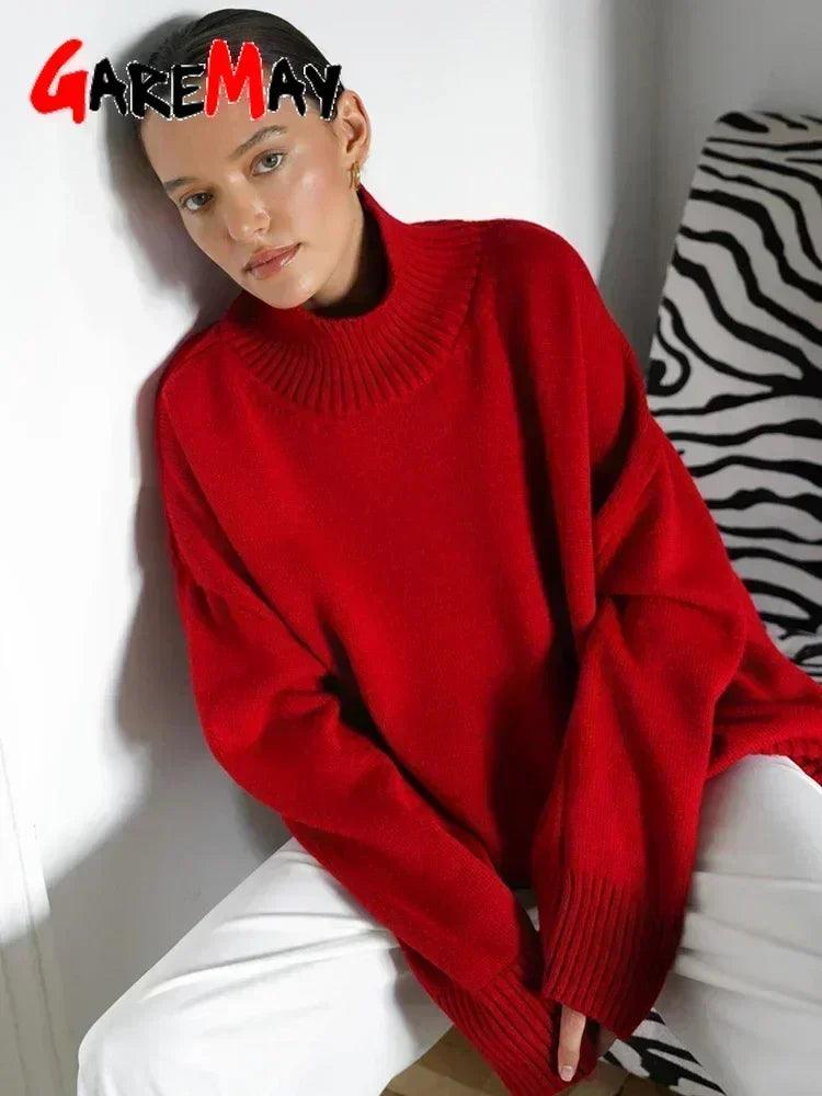 Women's Turtleneck Sweater Oversize Winter Vintage Knitted Red Sweater Pullover Women Soft Gray Warm Sweater for Women 2024 - go do best